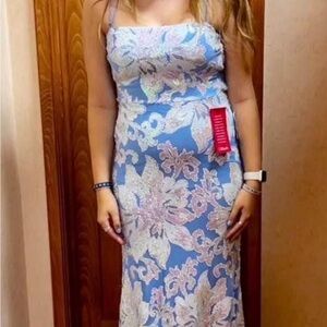 B Darlin Blue and White Strapless Sheath Dress for Prom